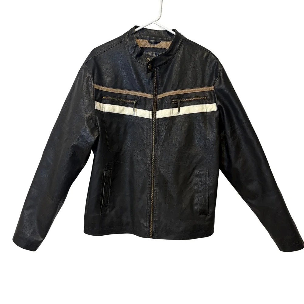 Y2K Whispering Smith Mens Faux Leather Motorcycle Jacket Black Size M Zip Pocket
